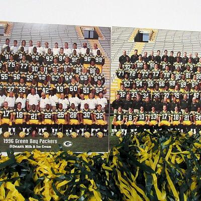 Green Bay Packers Lot, 2 Team Photos 1996, 1997, 2 Pompoms, Empty Tin