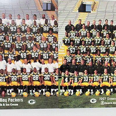 Green Bay Packers Lot, 2 Team Photos 1996, 1997, 2 Pompoms, Empty Tin