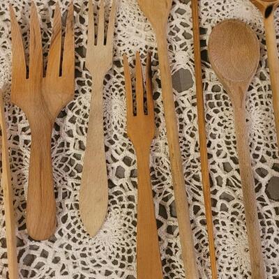 Lot 203: Vintage Wood Utensils & Rolling Pin With Red Wood Handles
