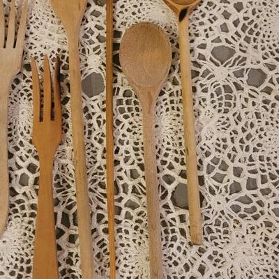 Lot 203: Vintage Wood Utensils & Rolling Pin With Red Wood Handles