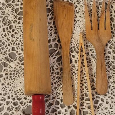 Lot 203: Vintage Wood Utensils & Rolling Pin With Red Wood Handles
