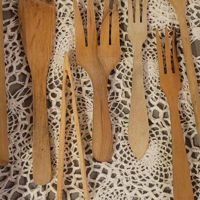 Lot 203: Vintage Wood Utensils & Rolling Pin With Red Wood Handles