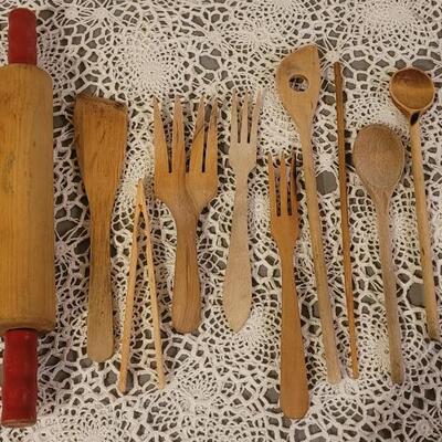 Lot 203: Vintage Wood Utensils & Rolling Pin With Red Wood Handles