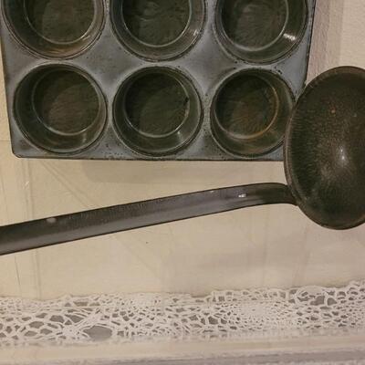 Lot 223: Antique Enamelware Muffin Pan, Ladel and Small Rectangle Pan