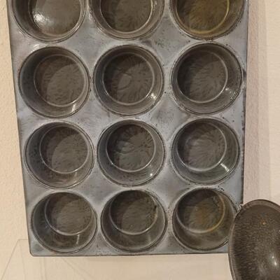 Lot 223: Antique Enamelware Muffin Pan, Ladel and Small Rectangle Pan
