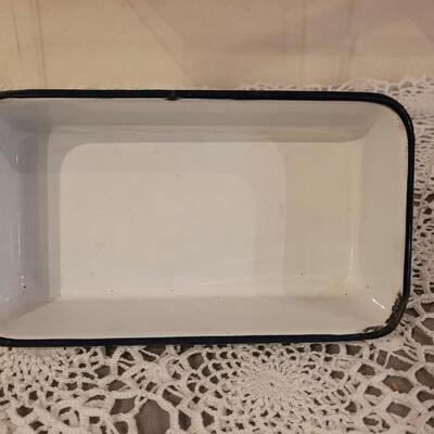 Lot 223: Antique Enamelware Muffin Pan, Ladel and Small Rectangle Pan