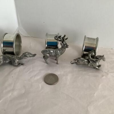 F532 Set of Three Figural Pewter Napkin Rings Jockey, Fox, Deer