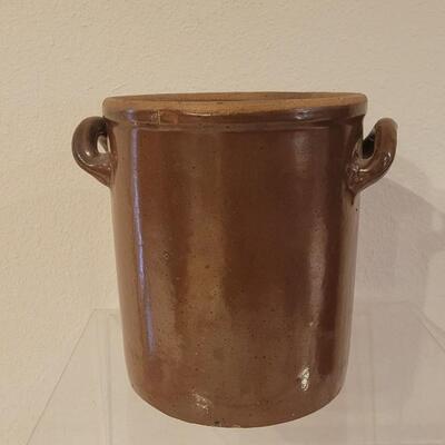 Lot 238: Antique Brown Glaze Stoneware Crock with Double Handles with Maker's Mark on the Bottom
