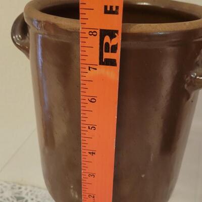 Lot 238: Antique Brown Glaze Stoneware Crock with Double Handles with Maker's Mark on the Bottom