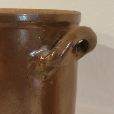 Lot 238: Antique Brown Glaze Stoneware Crock with Double Handles with Maker's Mark on the Bottom