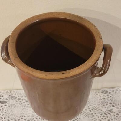 Lot 238: Antique Brown Glaze Stoneware Crock with Double Handles with Maker's Mark on the Bottom