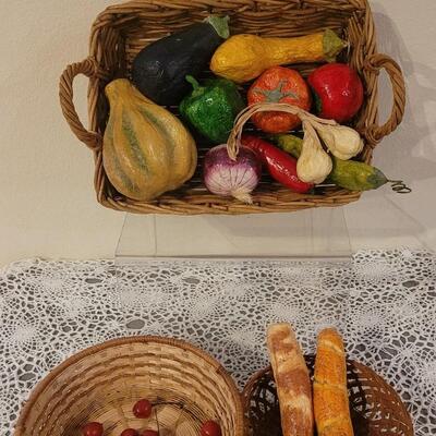 Lot 241: Baskets and Vintage Faux Bread, Vegetables and Cherries