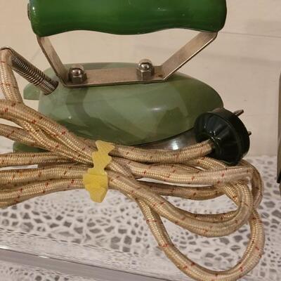 Lot 242: Antique & Vintage Decorative Pieces- Spools of Yarn, Wood Box, Shoe Tree and Travel Iron in Box