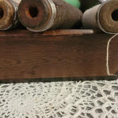Lot 242: Antique & Vintage Decorative Pieces- Spools of Yarn, Wood Box, Shoe Tree and Travel Iron in Box
