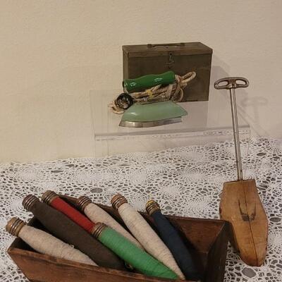 Lot 242: Antique & Vintage Decorative Pieces- Spools of Yarn, Wood Box, Shoe Tree and Travel Iron in Box