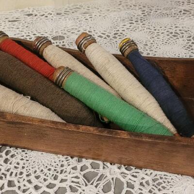 Lot 242: Antique & Vintage Decorative Pieces- Spools of Yarn, Wood Box, Shoe Tree and Travel Iron in Box