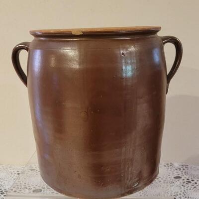 Lot 245: Antique 11.5" Brown Stoneware Jug/Crock with Double Handles