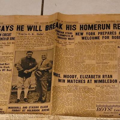 Lot 261: 1930 Denver Post "Ruth says he will Break His Homerun Record" Newspaper