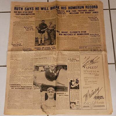 Lot 261: 1930 Denver Post "Ruth says he will Break His Homerun Record" Newspaper