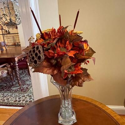 Fall faux flower arrangement in crystal vase