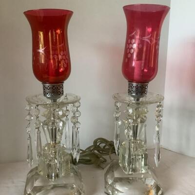 E550 Pair Vintage Glass Lamps with Ruby Flash Glass Globes and Prisms
