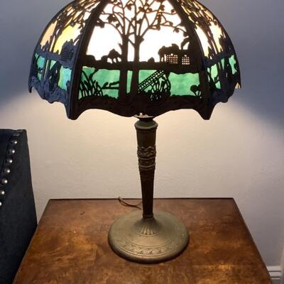 E555 Antique Art Deco Slag Glass Lamp