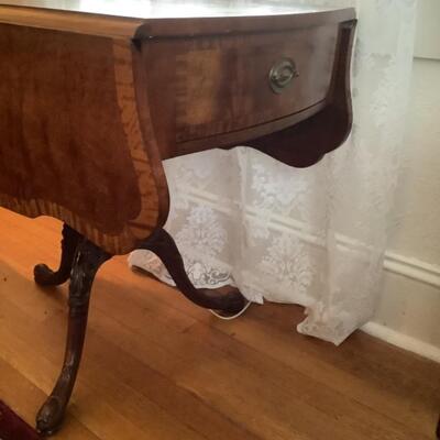 E559 Antique Mahogany Single Drawer Pedestal Drop leaf  Table