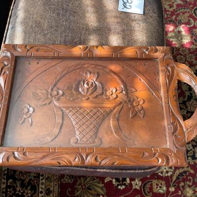 E568 Vintage Carved Glass Top Wooden Tray