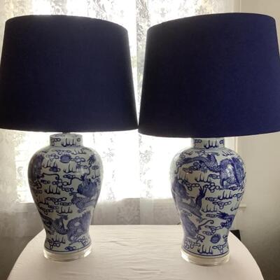 D576 Pair of Blue and White Chinese Pottery Lamps