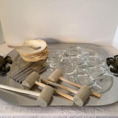 E580 Pewter and Brass Crab Tray with Crab Serving  Pieces