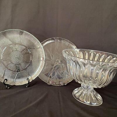 2 Glass Serving Plates, 1 Glass Pedestal Bowl