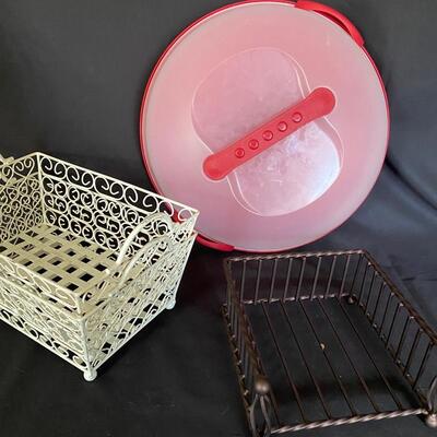 Plastic Cake Carrier - 13â€, Metal Napkin holder,
2 White Basket