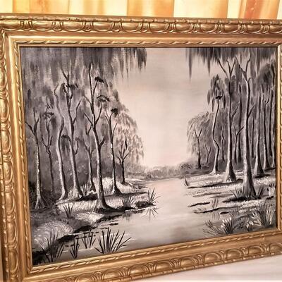 Lot #269  Original Oil on Canvas, 1966 - Swamp Scene in Vintage Frame