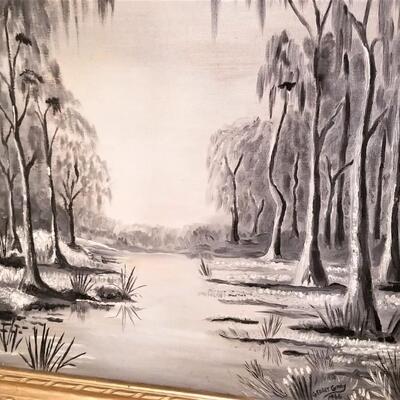 Lot #269  Original Oil on Canvas, 1966 - Swamp Scene in Vintage Frame