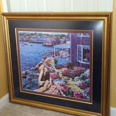 Lot 282: Vibrant Gold Framed Colorful Seaside Print (Oversized 4 x 3.75 feet)
