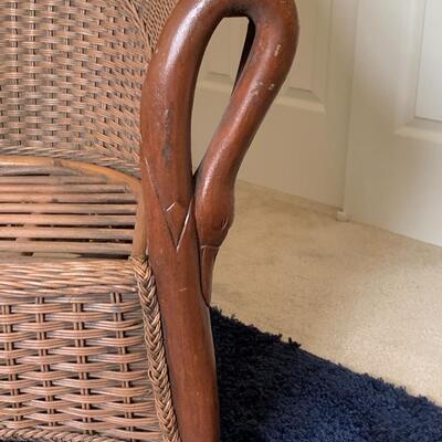 Lot 283: Natural Rattan / Wood Carved Goose Arm Accent Chair