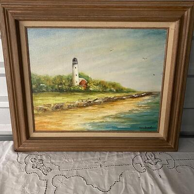 Painting On Canvas of Lighthouse Signed Reba Sweet