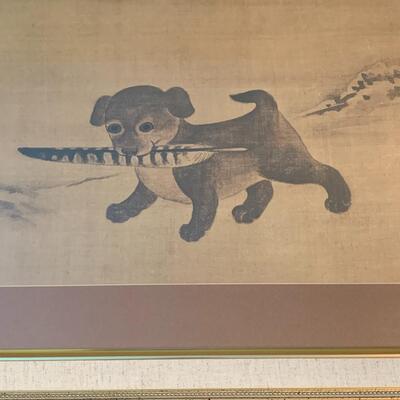 Lot 287: MCM Framed Sketch on Rice Paper (Asian Inspired: Dog w/feather)