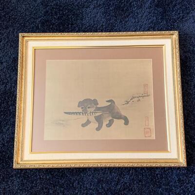 Lot 287: MCM Framed Sketch on Rice Paper (Asian Inspired: Dog w/feather)