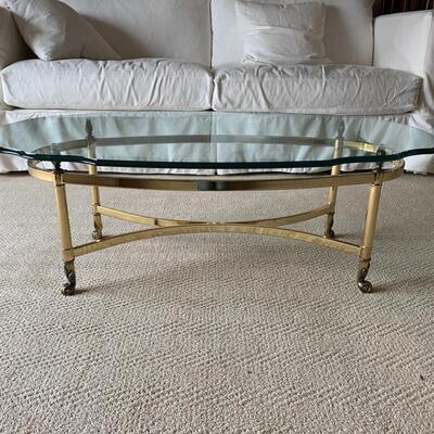 Lot 351: Hollywood Regency Styled: Brass & Glass Oval Coffee Table