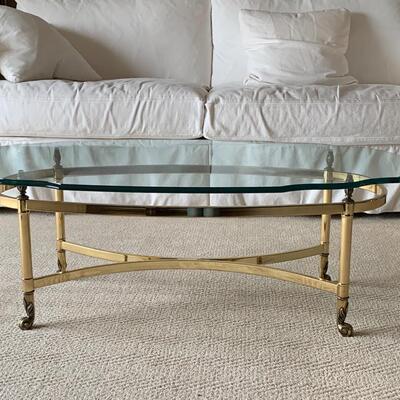 Lot 351: Hollywood Regency Styled: Brass & Glass Oval Coffee Table