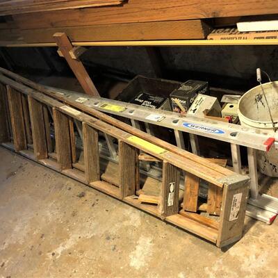 Lot of 2 Ladders 8 Ft Wood and Werner Metal Double Ladder