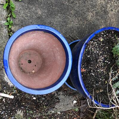 Lot of 2 Blue Glazed Ceramic Garden Planters