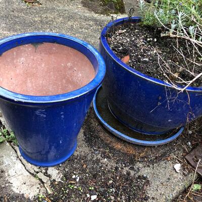 Lot of 2 Blue Glazed Ceramic Garden Planters