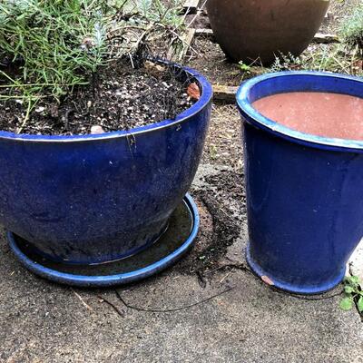Lot of 2 Blue Glazed Ceramic Garden Planters