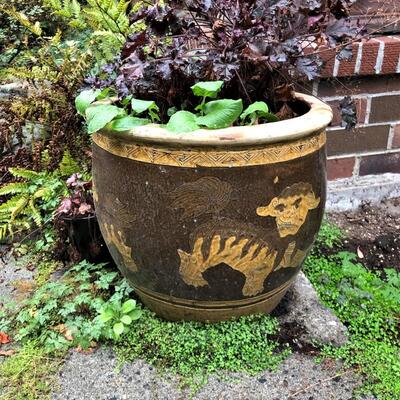 Asian Lion Glazed Garden Planter Pot