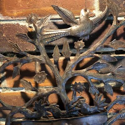 Outdoor Metal Wall Art of Gardener Birds and Wheelbarrow