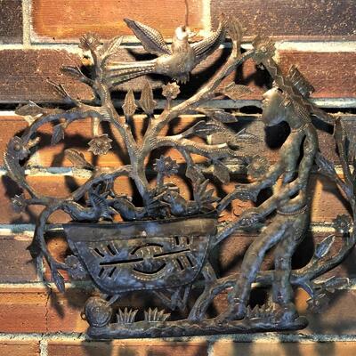 Outdoor Metal Wall Art of Gardener Birds and Wheelbarrow