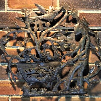 Outdoor Metal Wall Art of Gardener Birds and Wheelbarrow