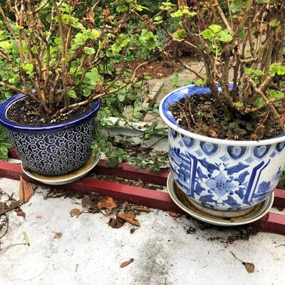 Lot of 2 Blue Pattern Glazed Planter Pots